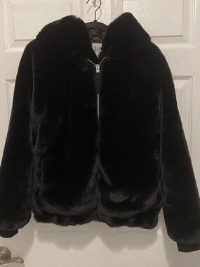 Gap Faux Fur Bomber Hooded Jacket- Black